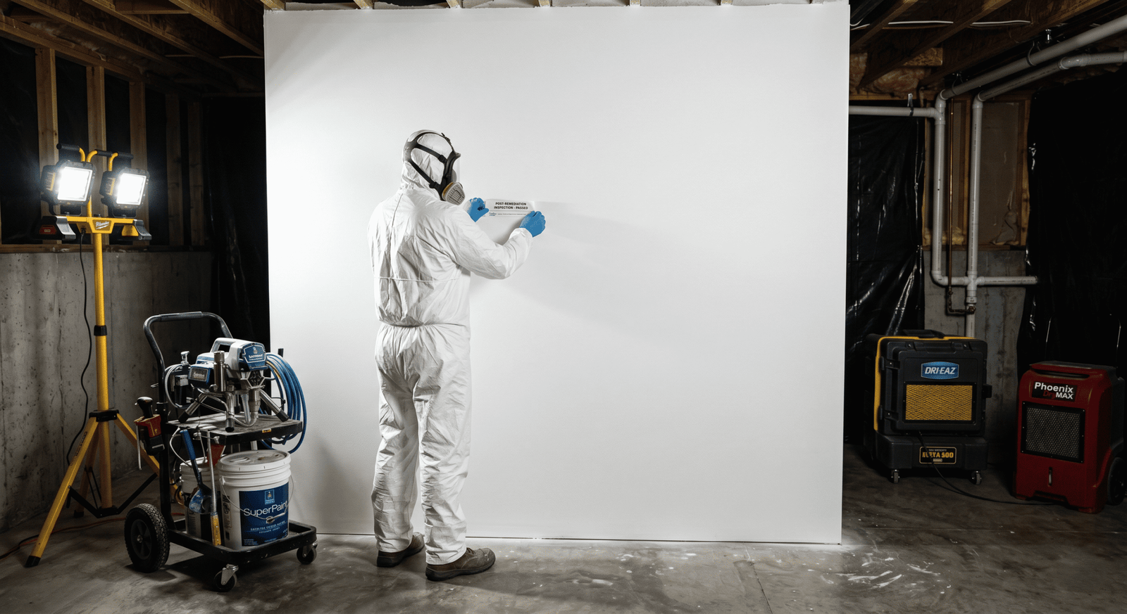 Black Plano mold remediation — Stachybotrys growth on water-damaged drywall under elevated containment