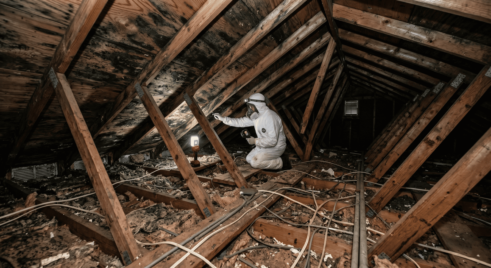 Mold on floor joists in a pier-and-beam crawl space beneath an East Plano home