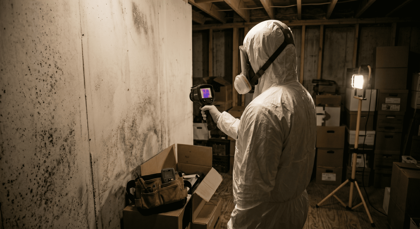 Technician in PPE running negative air and HEPA filtration during Plano mold remediation TX project
