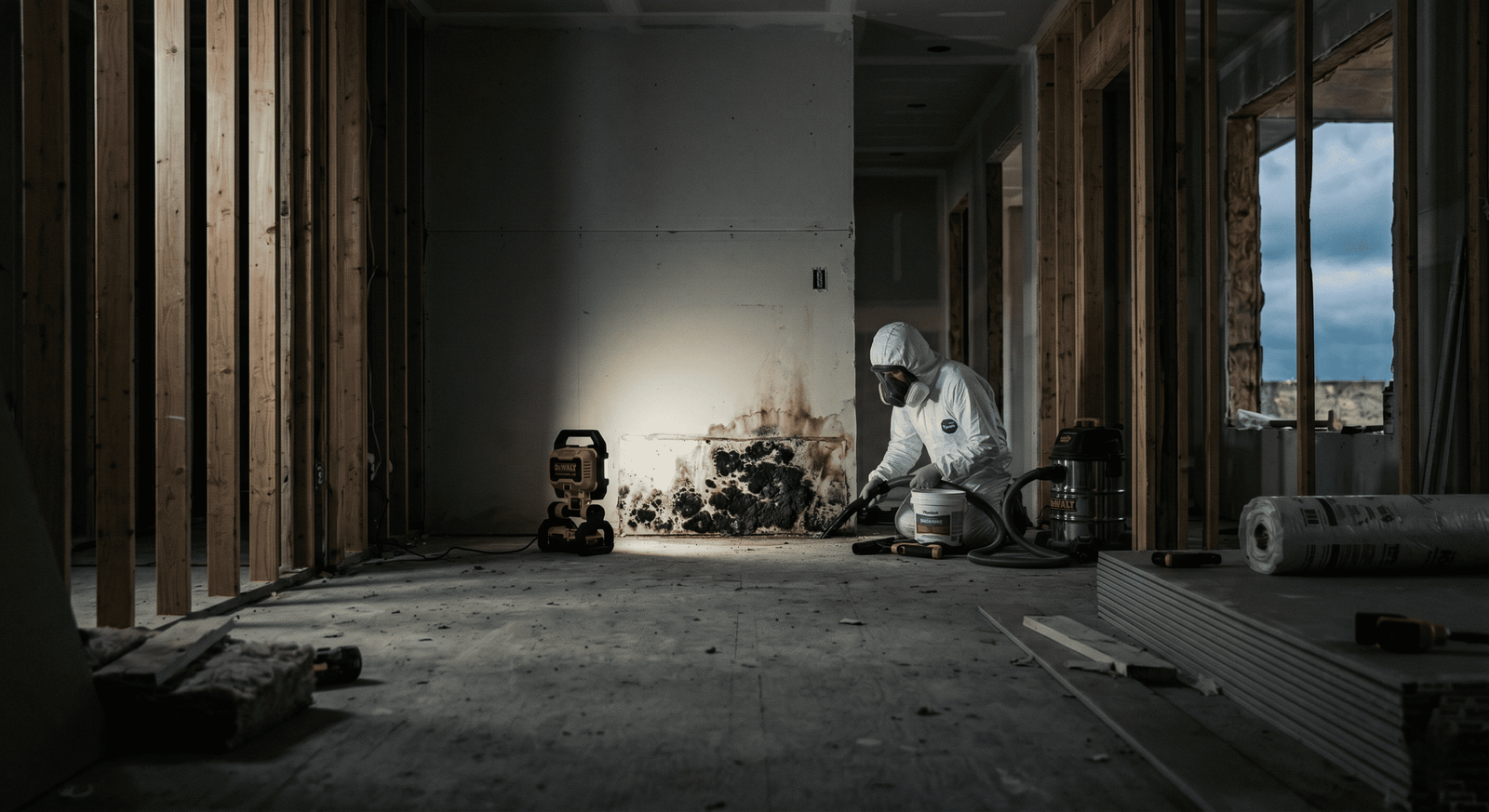 Plano mold remediation — IICRC S520 negative-air containment and HEPA filtration setup inside a Plano TX home